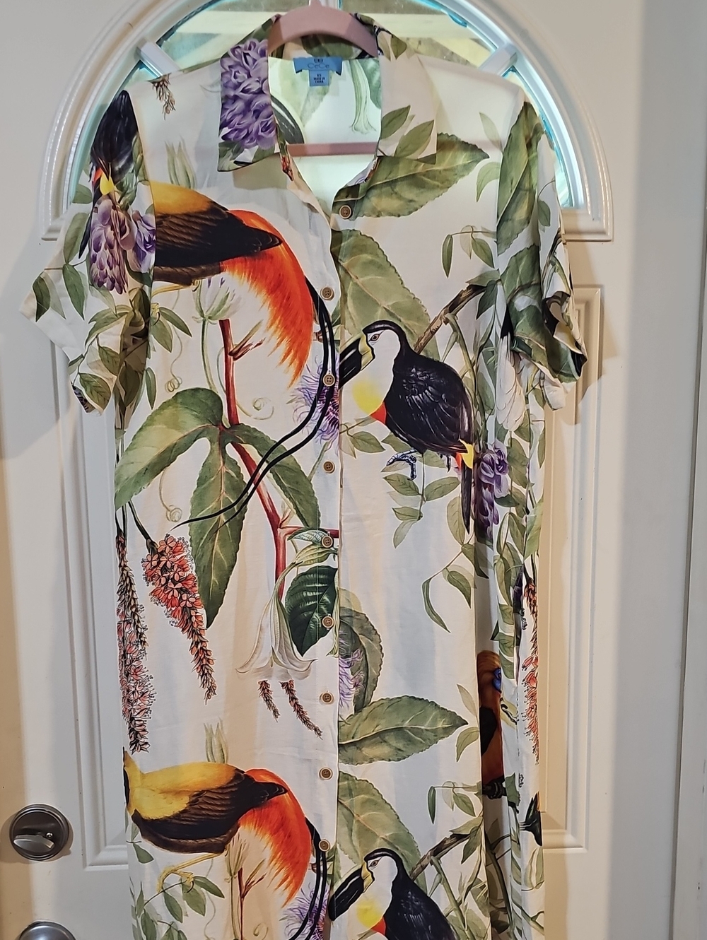 Tropical Bird-Print Button-Front Women’s Top - White/Green
